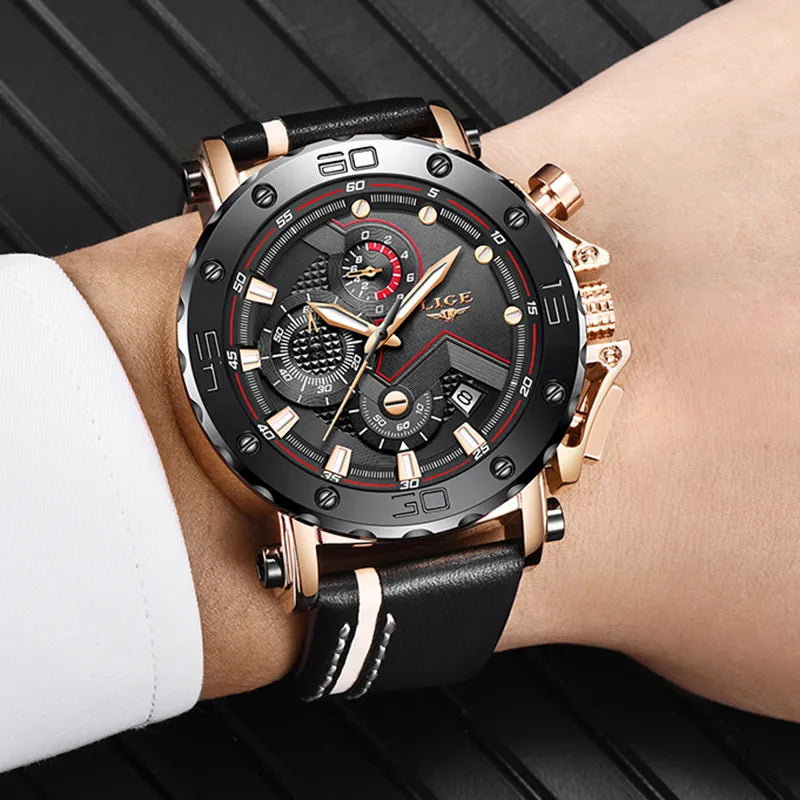 2023LIGE New Fashion Mens Watches Top Brand Luxury Big Dial Military Quartz Watch Leather Waterproof Sport Chronograph Watch Men