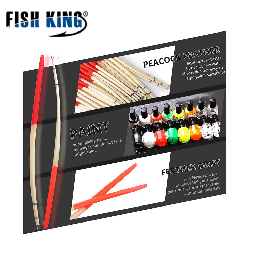 FISH KING 10pcs/Lot 2 Colours Peacock Feather Float Hard Tail Type Fishing Float Bobber With Rings for Fishing