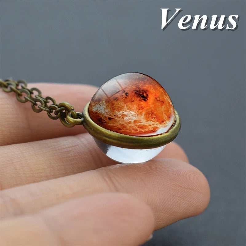 2019 New Glass Ball Galaxy Double Sided Pendant Necklace Universe Planet Jewelry Glass Picture Handmade Statement Necklace