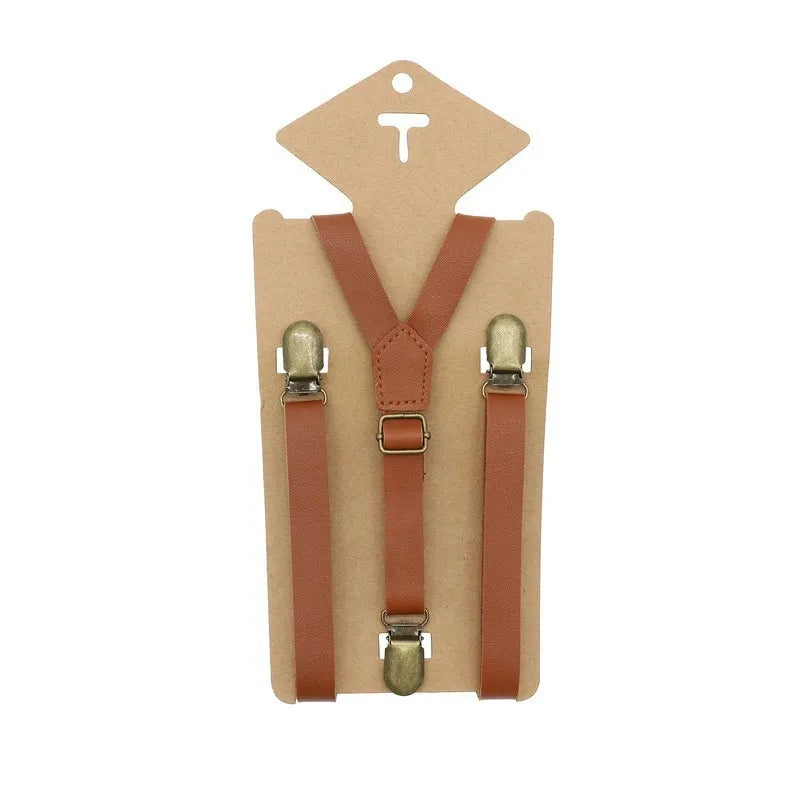 3 Clips Y Back Kid Brown Tan Leather Suspender and Bow Tie Ring Bearer Bowtie Set Birthday Outfit 80*1.5cm Adjustable