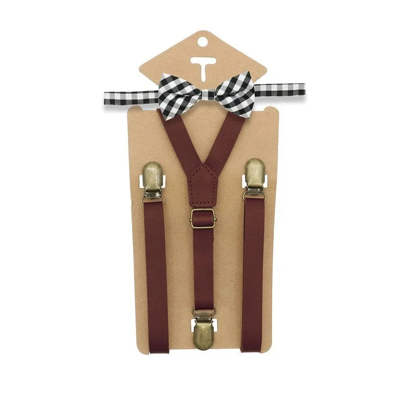 3 Clips Y Back Kid Brown Tan Leather Suspender and Bow Tie Ring Bearer Bowtie Set Birthday Outfit 80*1.5cm Adjustable