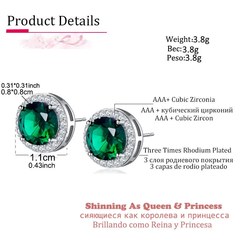 Classic Green AAA Cubic Zirconia Stud Earrings Round Crystal Girl Ear Studs for Women Multicolor Jewelry Brincos AE176