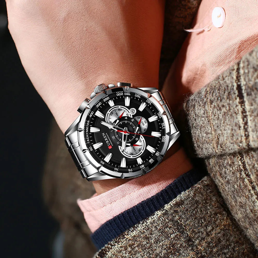 CURREN New Casual Sport Chronograph Men's Watches Stainless Steel Band Wristwatch Big Dial Quartz Clock With Luminous Pointers
