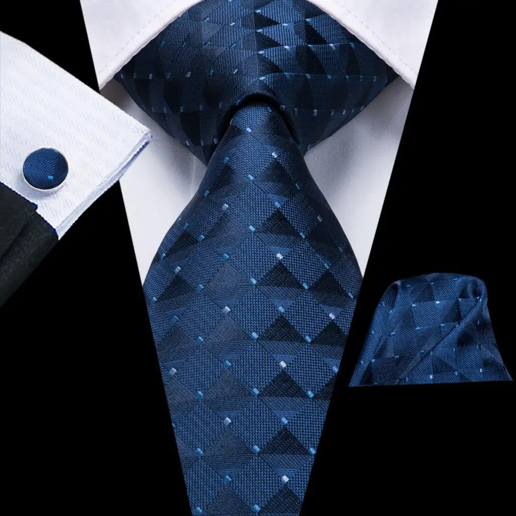 Business Tie for Men Silk Blue Tie Dots Necktie Set Plaid Cufflinks for Wedding Business Tie 150cm Hi-Tie SN-3529