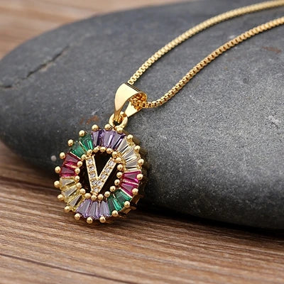 Gold Color Initial Multicolor CZ Necklace Charm Letter Necklace Name Jewelry for Women Accessories Girlfriend