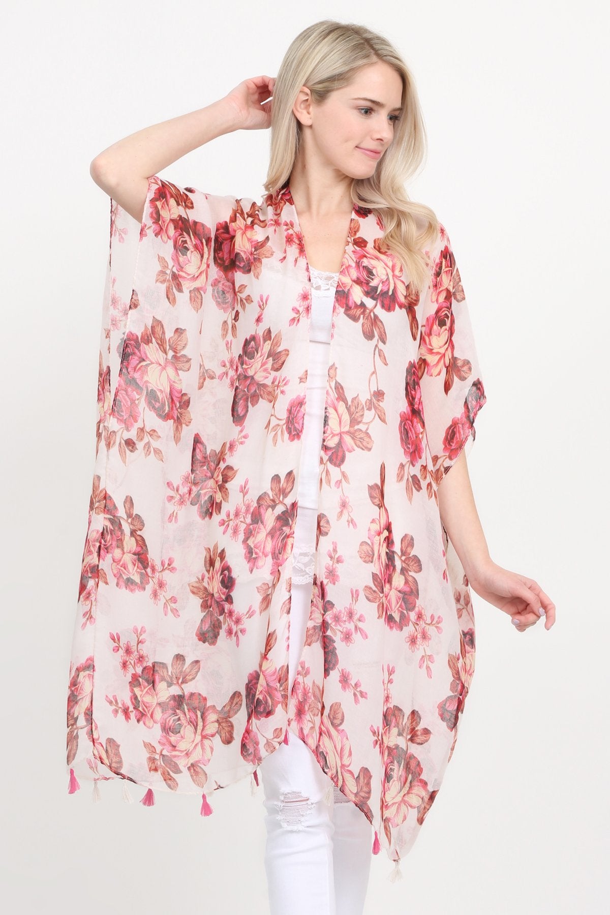 Open Front Knee Length Floral Cardigan
