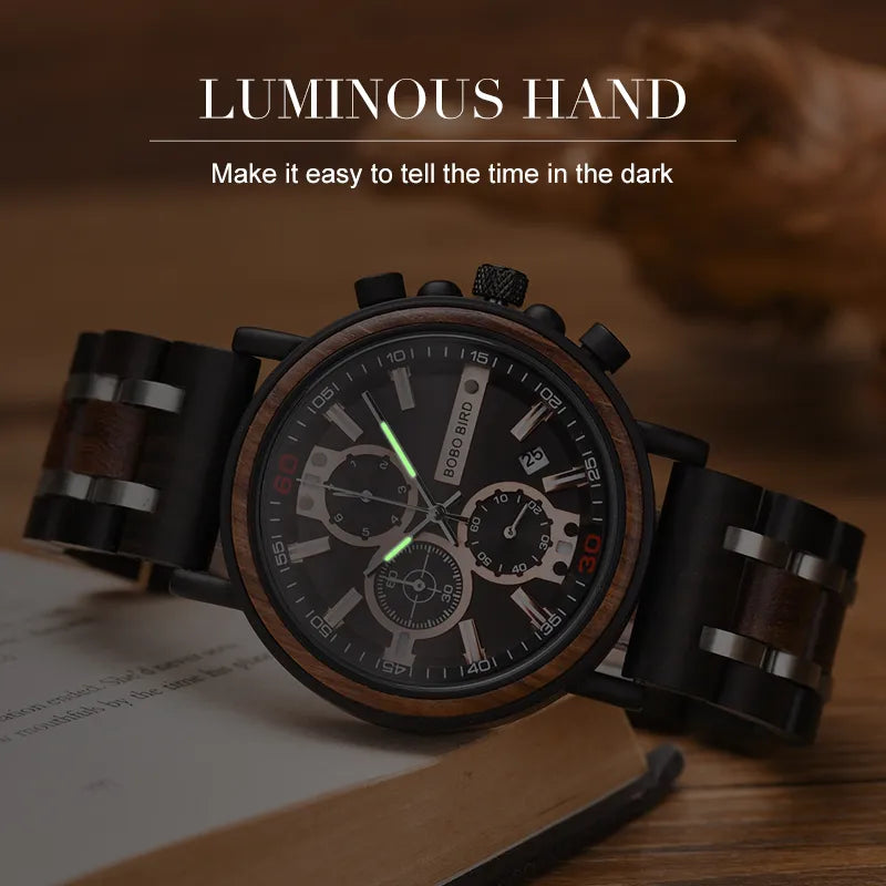 BOBO BIRD Wooden Watch Men Top Brand Luxury Stylish Chronograph Military Watches Wooden Box Logo Custom Great Reloj Hombre