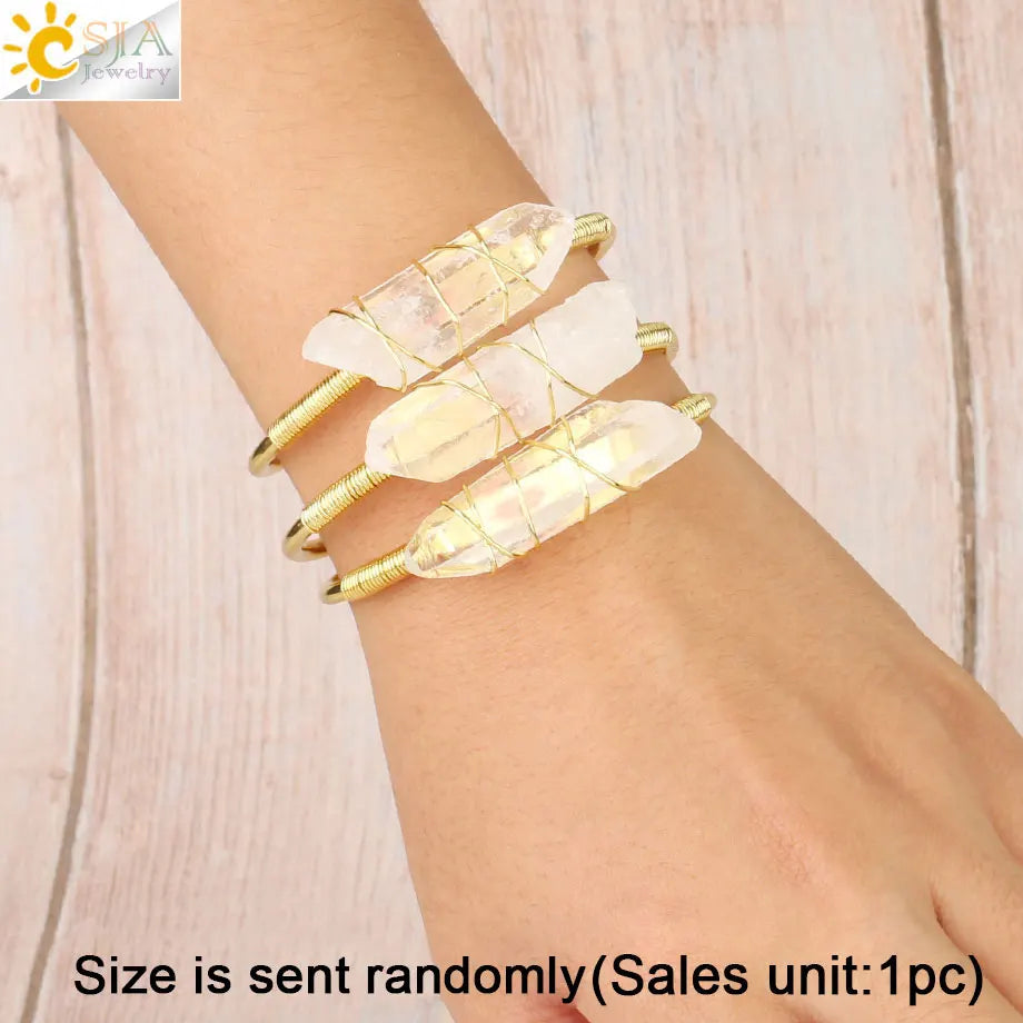 CSJA Natural Stone Clear Quartz Bangles Open Cuff Bracelet Wire Wrap Irregular Crystal Stones Copper Bangle Female Jewelry G168