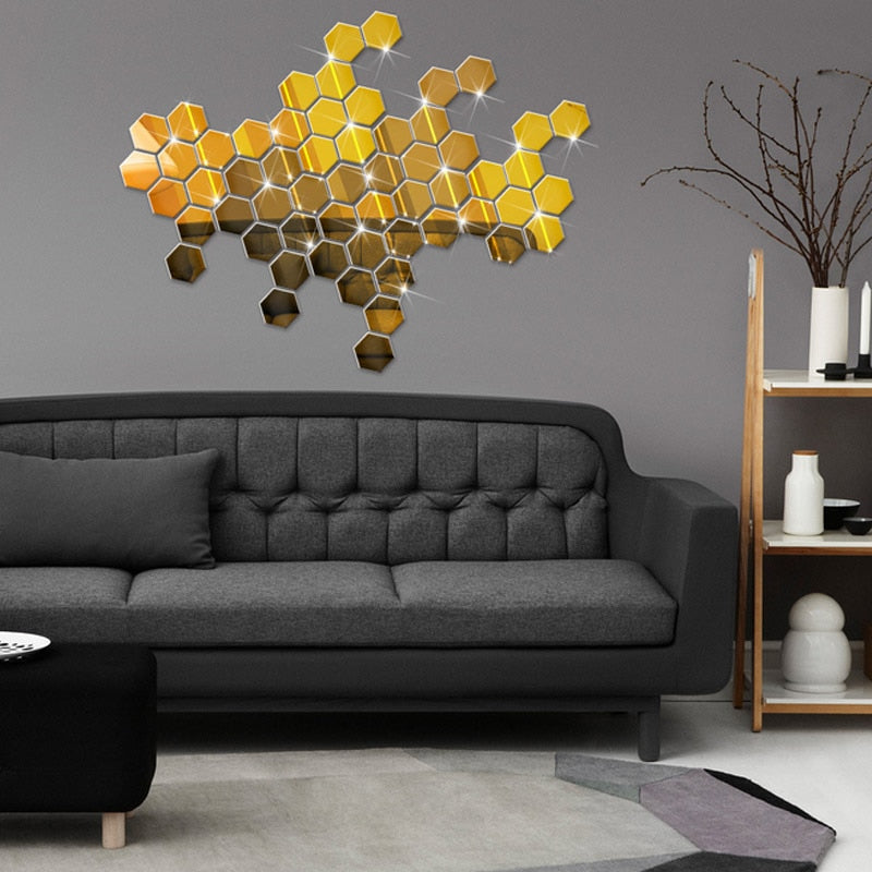 12Pcs 3D Hexagon Acrylic Mirror Wall Stickers DIY Art Home Decor Living Room Decorative Tile Stickers Room Accessori