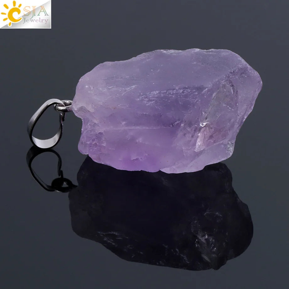 CSJA Natural Stones Gems Clear Crystal Pendants Necklaces Reiki Healing Irregular White Yellow Purple Pink Quartz Pendulum F070