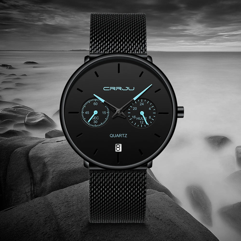 Mens Watches CRRJU Full Steel Casual Waterproof Watch for Man Sport Quartz Watch Men's Dress Calendar Watch Relogio Masculino