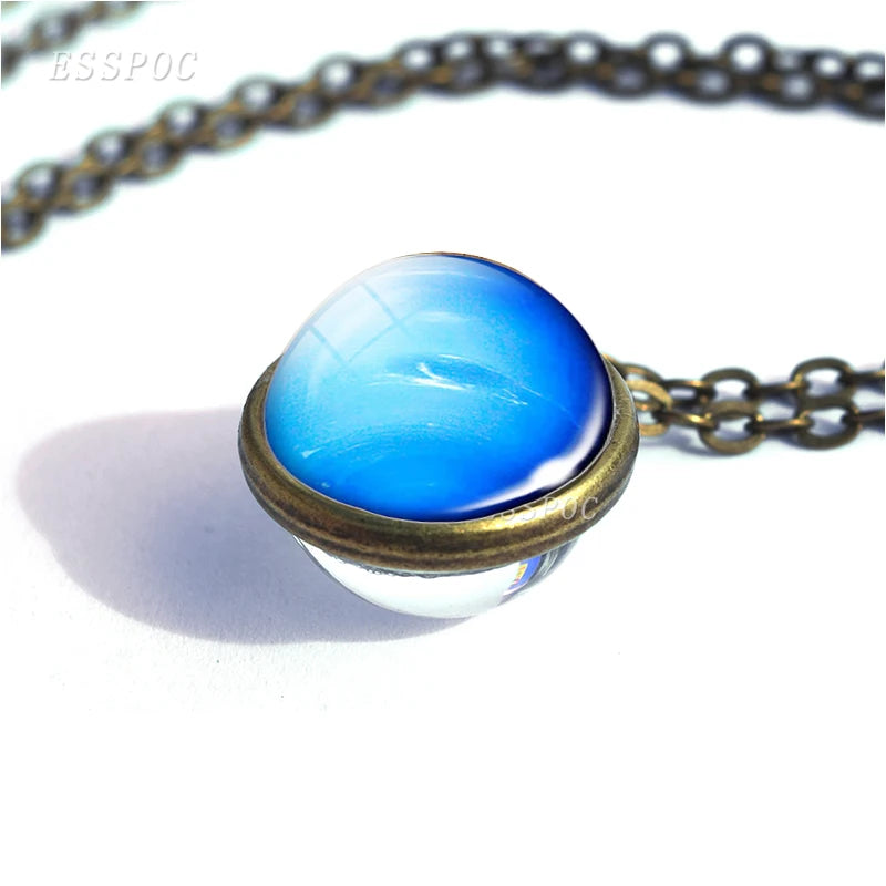 Full Moon Sphere Crystal Ball Glass Necklace Handmade Double Side Glass Ball Pendant Solar System Outer Space Astronomy Jewelry