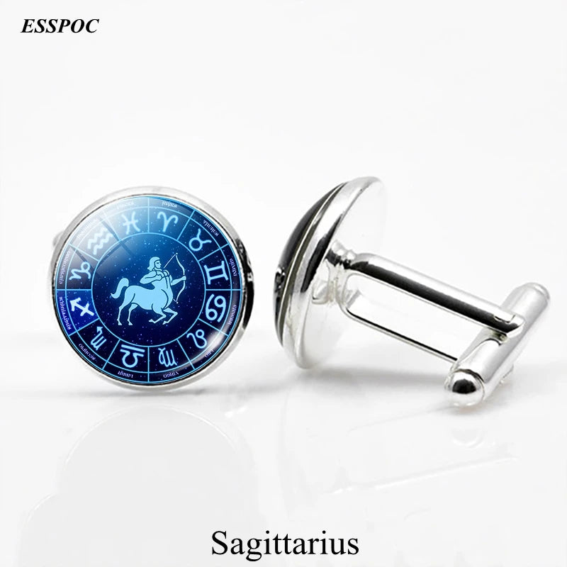 12 Zodiac Signs Glass Cabochon Cufflinks Metal Constellations Cuff Link for Men Shirt Accessories Valentines Day