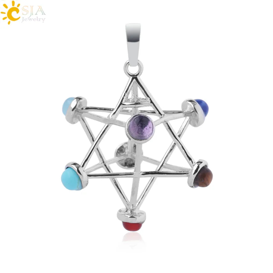 CSJA Merkaba Chakras Pendants Natural Stone Reiki 7 Chakra Necklaces Healing Hollow Star Point Women Men Necklace Pendulo F766