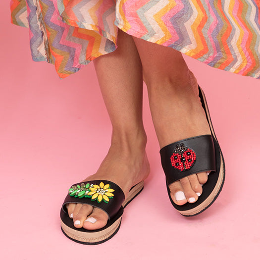 Ladybug and Daisy - Red and Yellow Embellished Motifs Waterproof Espadrille Flat Sandals