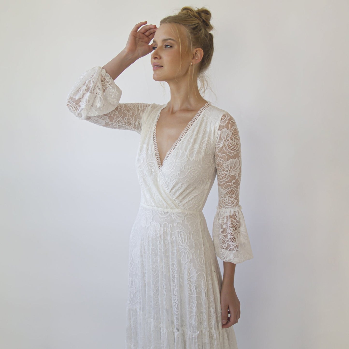 Bestseller Gipsy Layered Boho Lace Wedding Dress, Puffy Bracelet Sleeves #1365