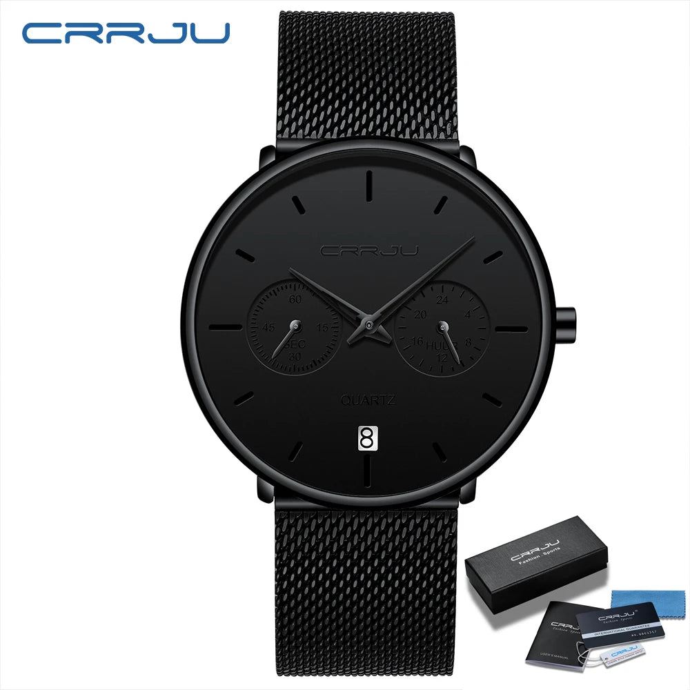 Mens Watches CRRJU Full Steel Casual Waterproof Watch for Man Sport Quartz Watch Men's Dress Calendar Watch Relogio Masculino