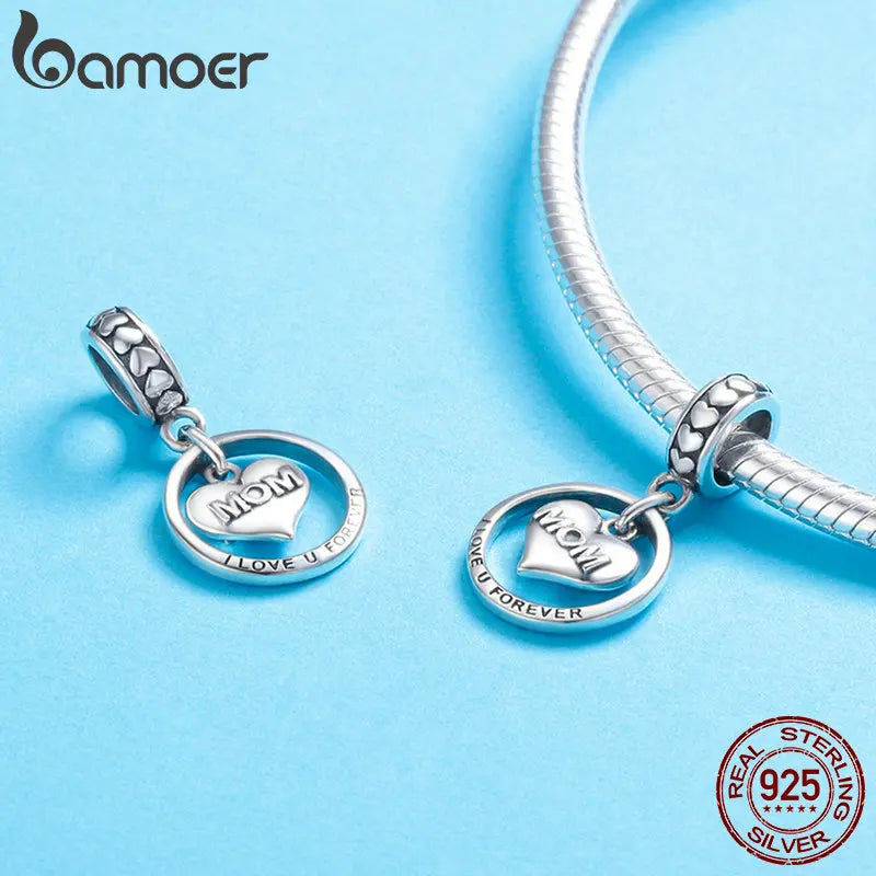BAMOER 925 Sterling Silver I Love U Forever Mom Mother Engrave Beads Fit Charm Bracelets & Bangles Jewelry Mother