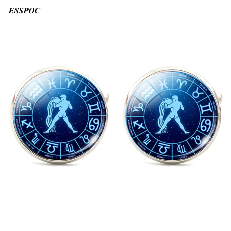 12 Zodiac Signs Glass Cabochon Cufflinks Metal Constellations Cuff Link for Men Shirt Accessories Valentines Day