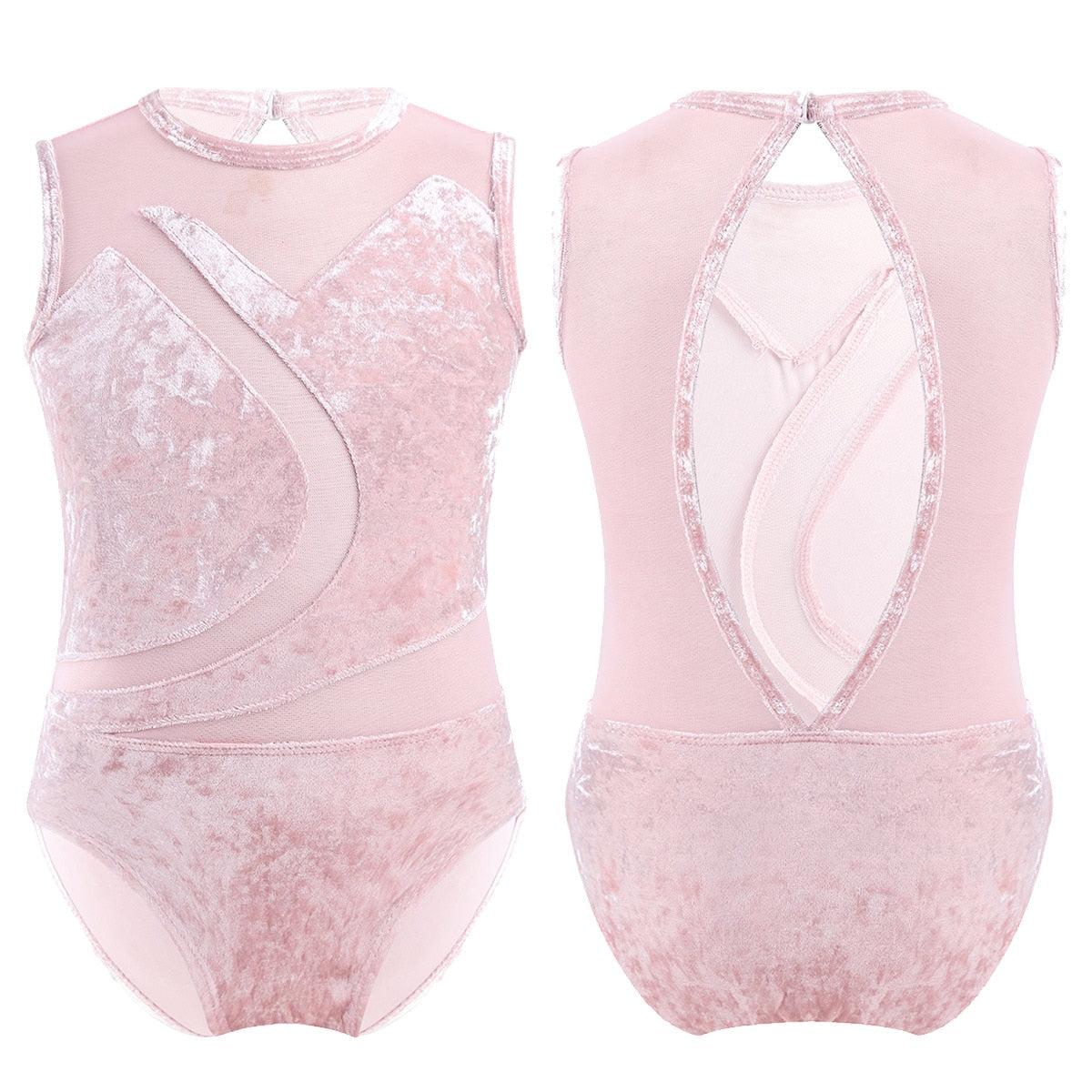Girls Sleeveless Soft Pleuche Mesh Splice Gymnastics Leotard One-Piece Cutout