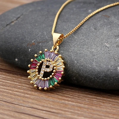 Gold Color Initial Multicolor CZ Necklace Charm Letter Necklace Name Jewelry for Women Accessories Girlfriend