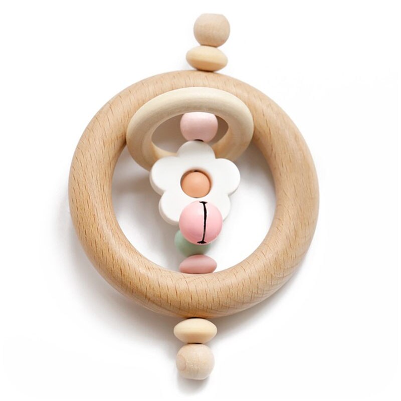 Baby Toys 1pc Silicone Beads Cartoon Rattle Teething Ring of Beech Wood 0-12 Moths Children Christmas Stroller Let's Make