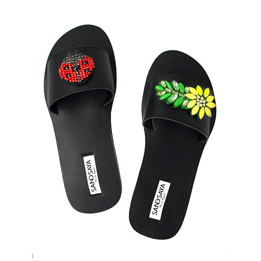 Ladybug and Daisy - Red and Yellow Embellished Motifs Waterproof Espadrille Flat Sandals