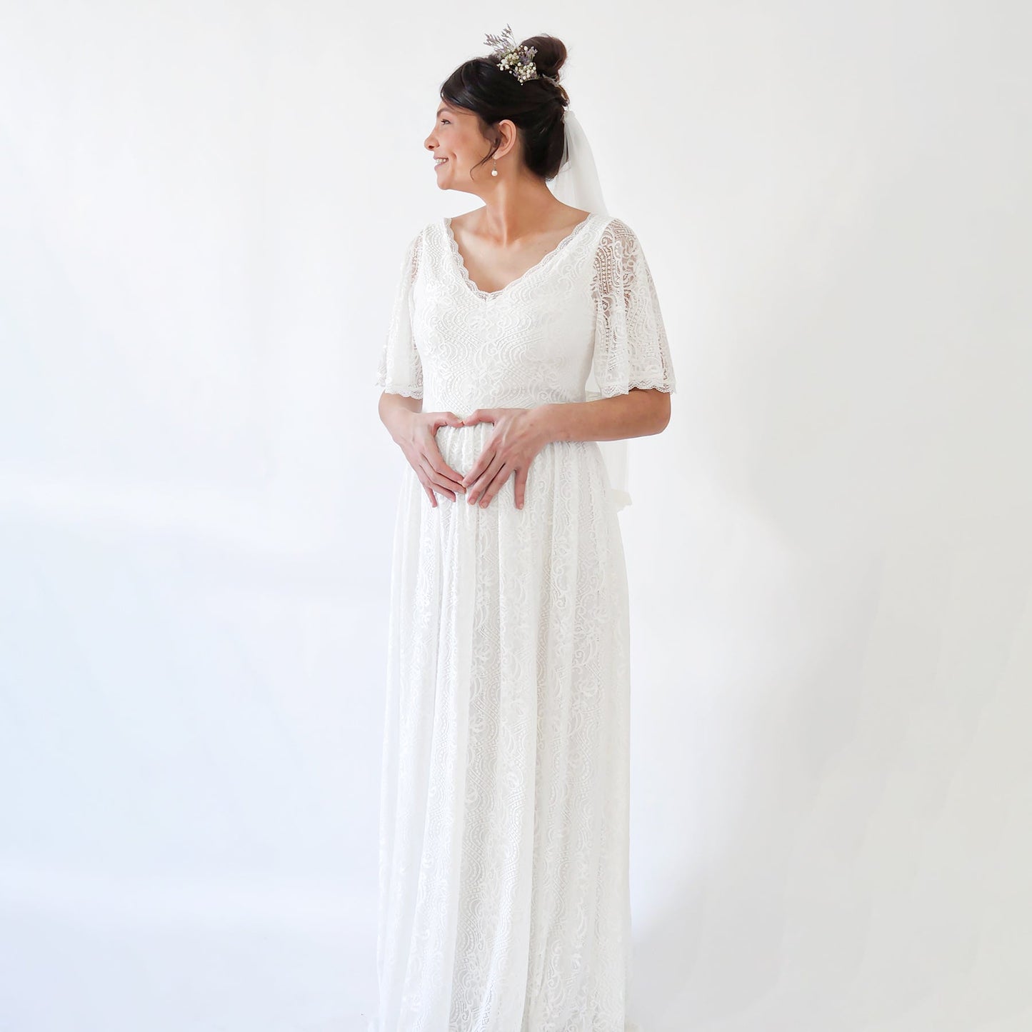Maternity Butterfly Sleeves Bohemian Lace Ivory Wedding Dress #7017