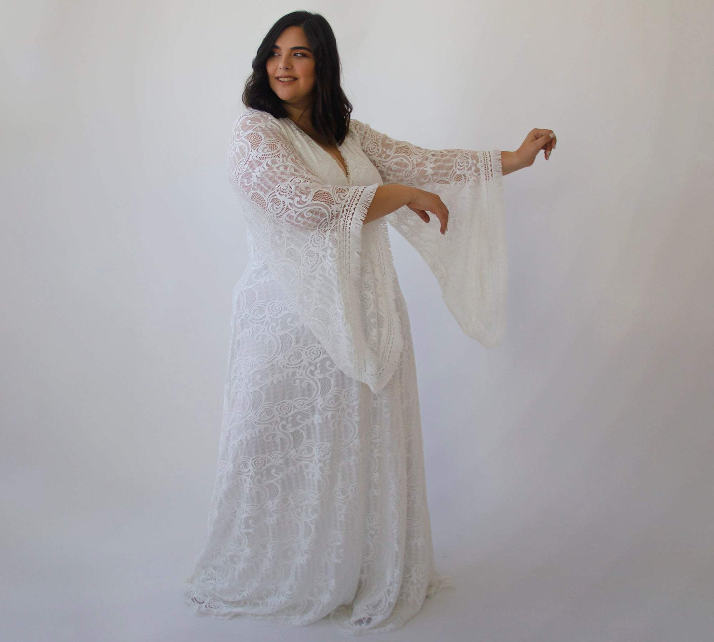 Curvy Lace Ivory Bridal Kaftan With Fringe ,Bat Sleeves Lace Wedding Dress #1328