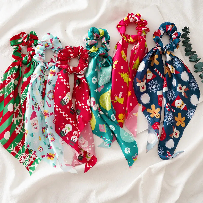 Santa Claus Bows Hair Scrunchies Long Ribbon Ponytail Scarf Hair Tie Women Girls Elastic Hair Bands Christmas Hair Accessories