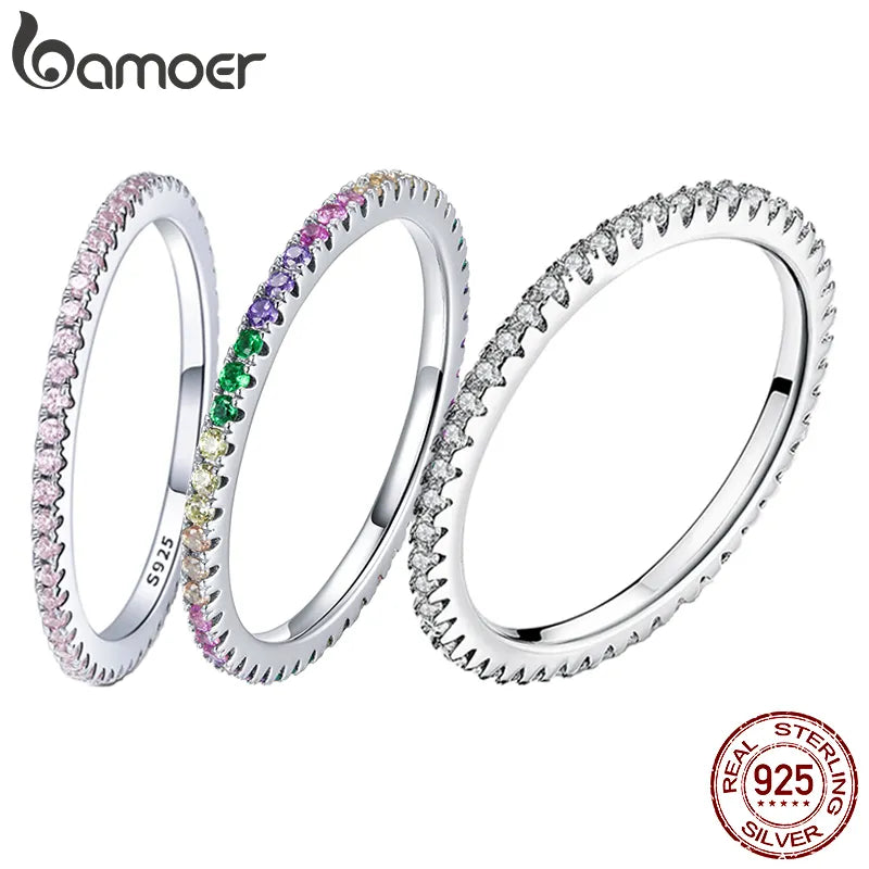 BAMOER Classic 925 Sterling Silver High Quality Circle Clear CZ Geometric Stackable Rings for Women Wedding Jewelry
