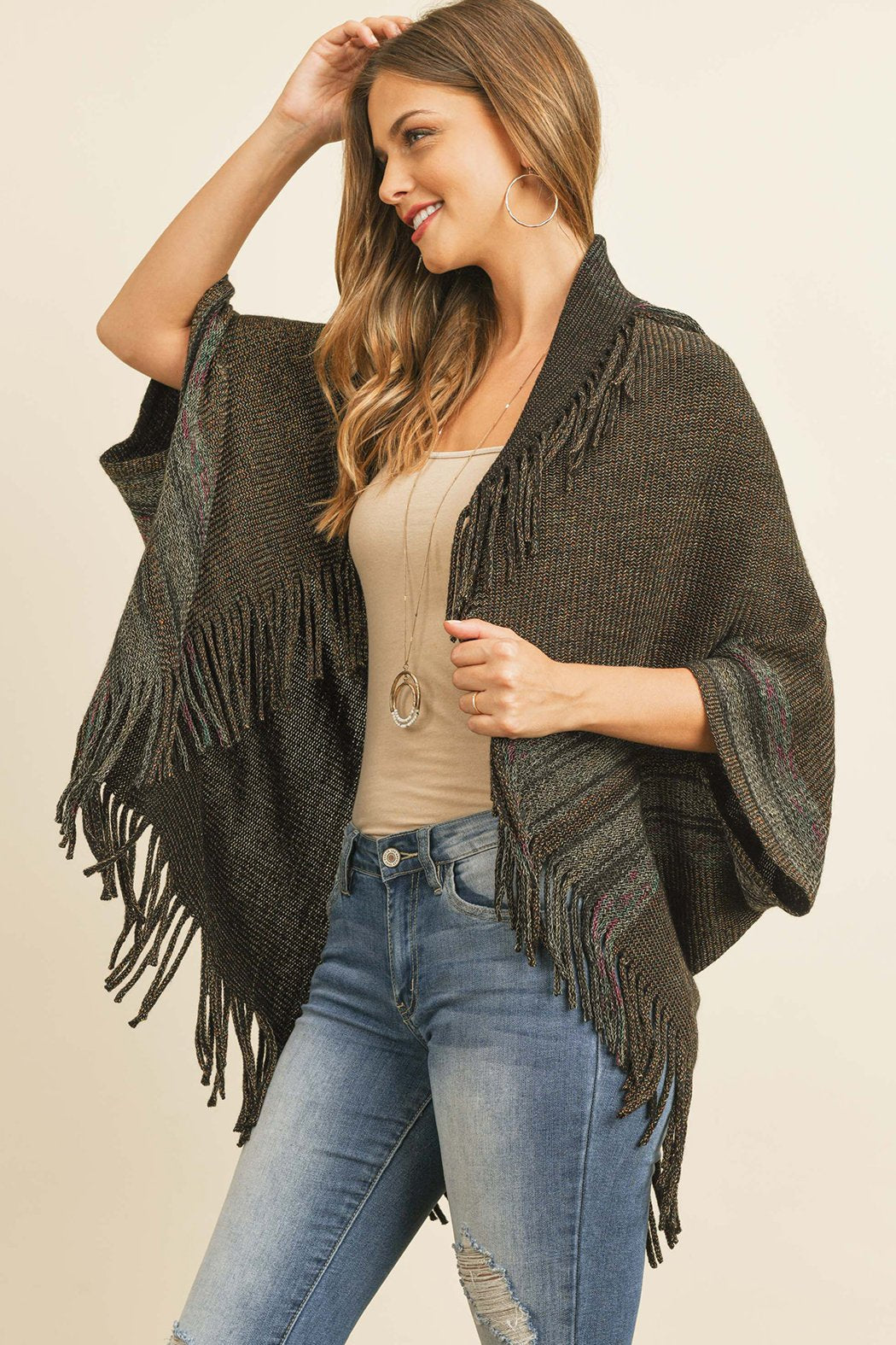 Hdf3072bk - Black Fringe Stripe Open Front Kimono