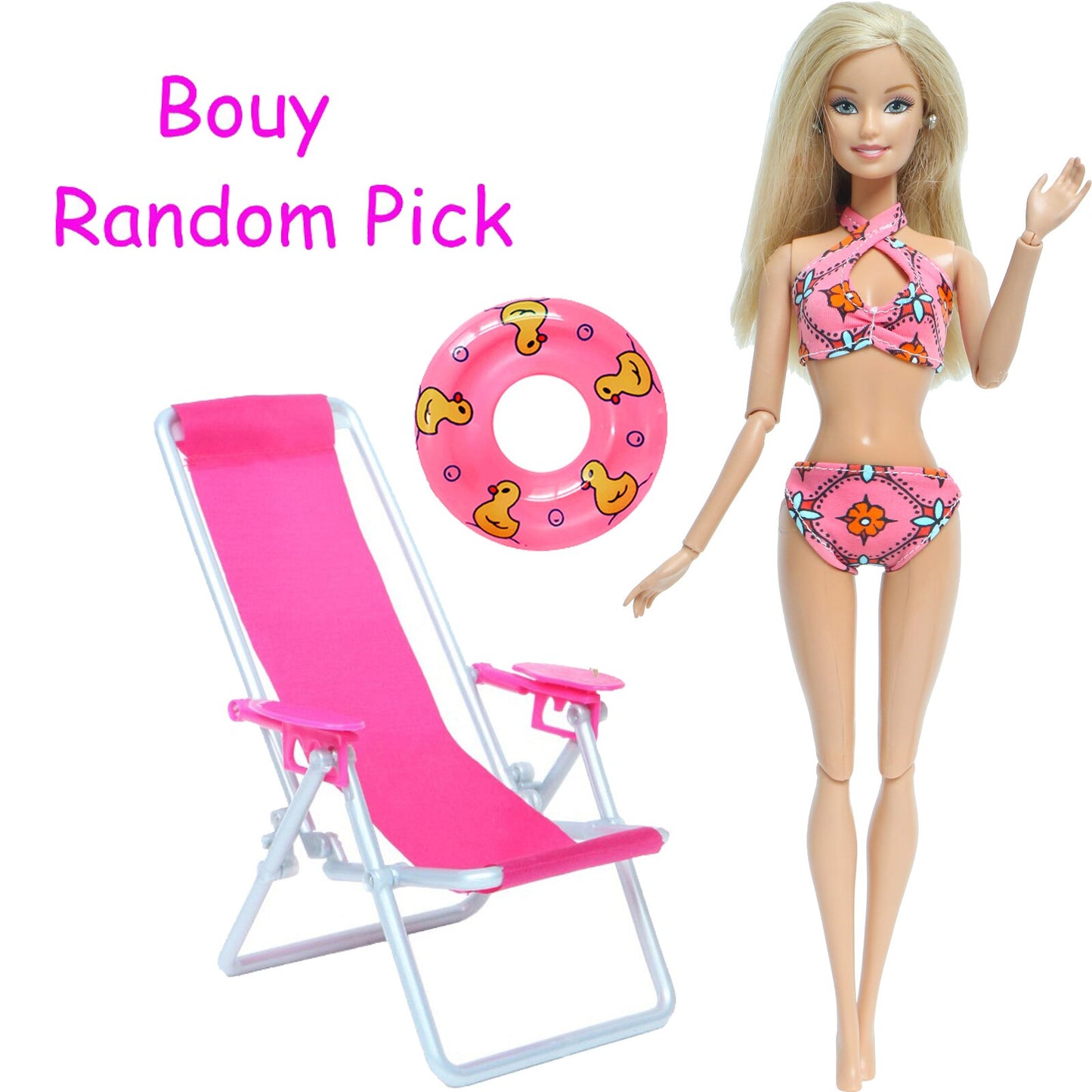 3 Pcs/Lot = 1x Swimsuit Bikini + 1x Random Swimming Buoy Lifebelt Ring +1x Pink Foldable Beach Chair Accessories for Barbie Doll
