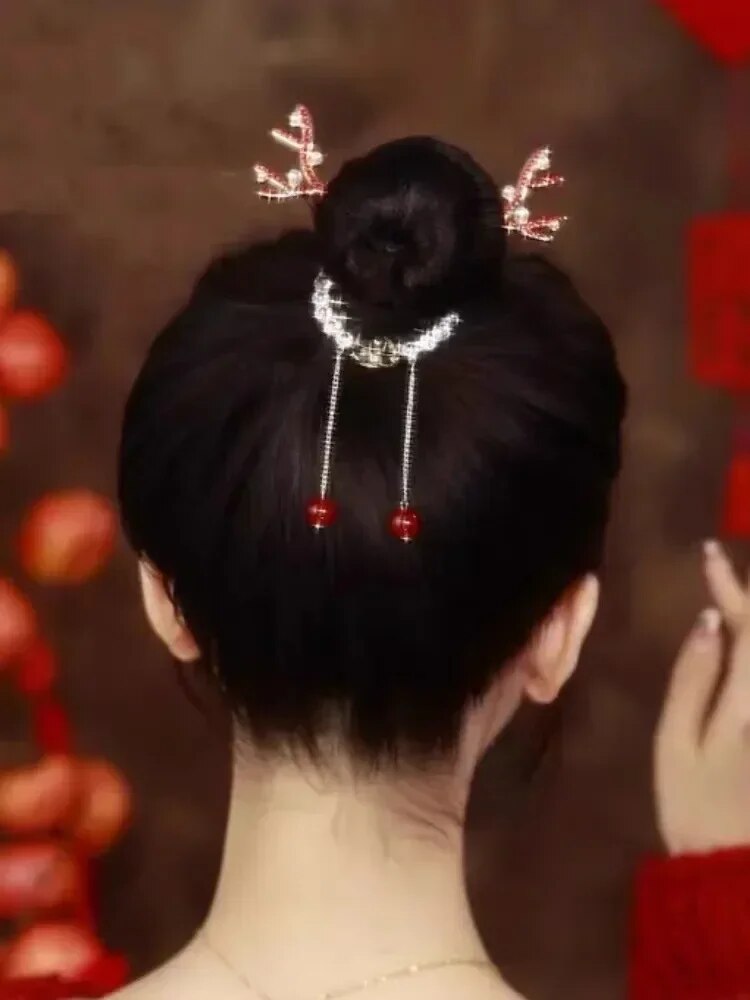 2023 New Christmas Milu Horn Tassel Horsetail Buckle Hairpin South Korea Cute Hair Clip Back Pan Hair Clip Headwear Hair Jewelry