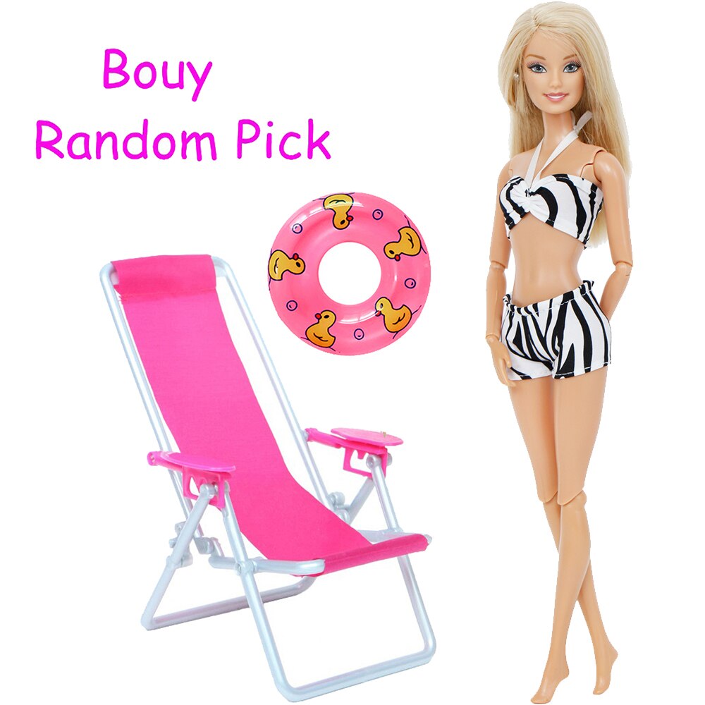 3 Pcs/Lot = 1x Swimsuit Bikini + 1x Random Swimming Buoy Lifebelt Ring +1x Pink Foldable Beach Chair Accessories for Barbie Doll