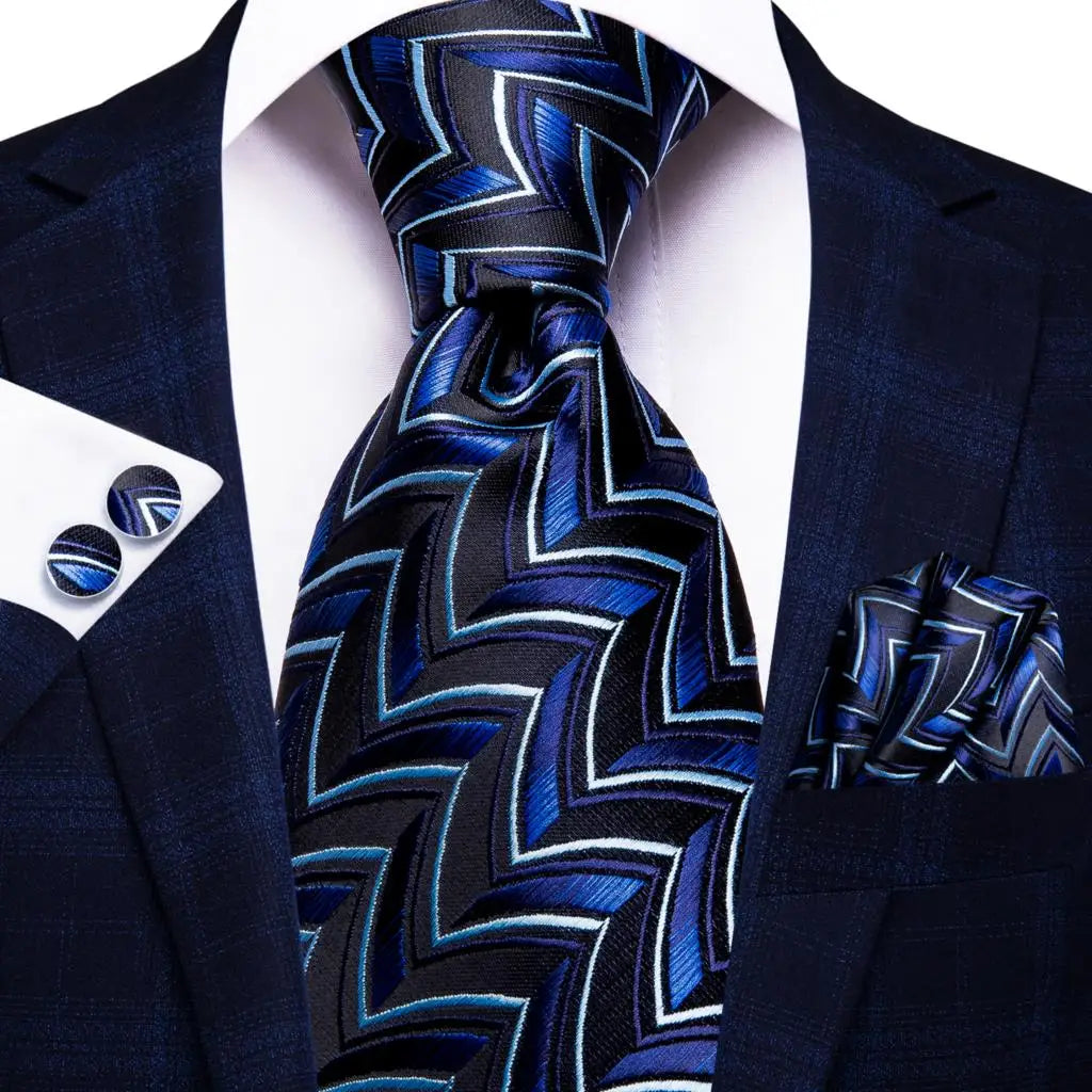 Business Tie for Men Silk Blue Tie Dots Necktie Set Plaid Cufflinks for Wedding Business Tie 150cm Hi-Tie SN-3529