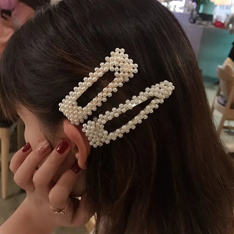 Korean Simulated Pearl Barrettes Beaded Geometric Women Hair Clip Hairgrips Hair Accessories Girls Jewelry Hair Pins