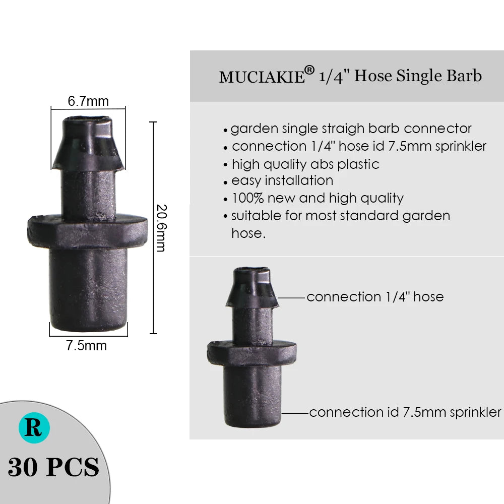 MUCIAKIE Sprinkler Irrigation 1/4 Inch Barb Tee Single Double Barb Barbed Water Pipe Connectors for 4/7mm Hose Garden Fitting