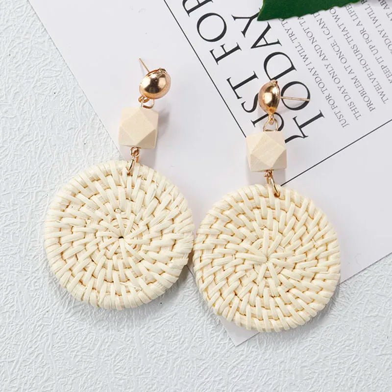 AENSOA Multiple 27 Style Korea Handmade Wooden Straw Weave Rattan Vine Braid Drop Earrings New Geometric Long Earrings