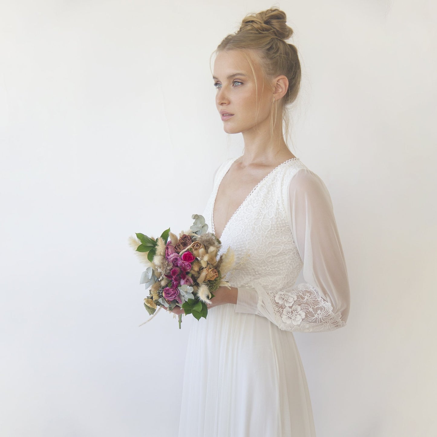 Bestseller Ivory Wrap Lace Wedding Dress With Chiffon Mesh Sleeves #1352