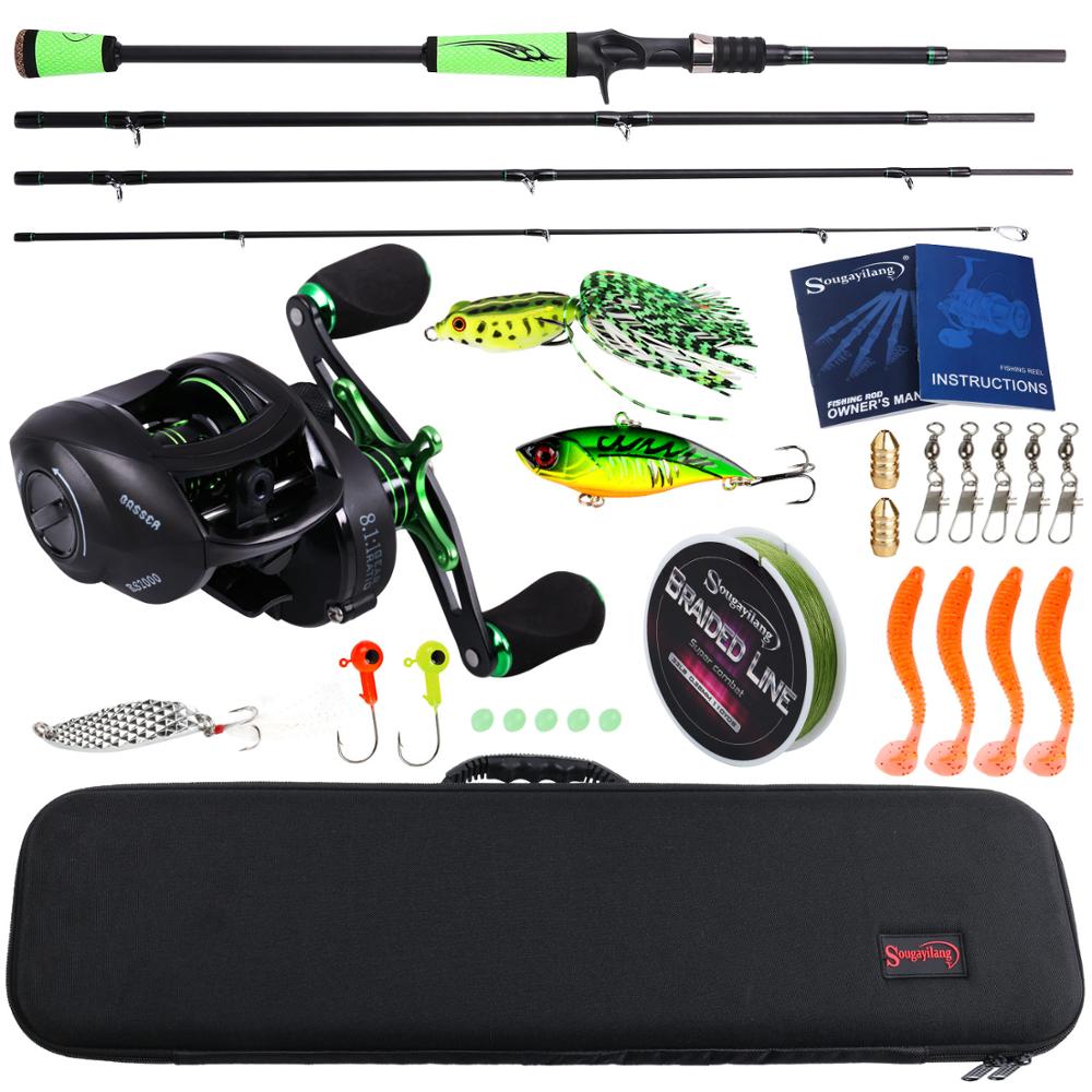 Sougayilang 4Section M Power Carbon Fiber Baitcsting Rod Full Kit Casting Reel Set 100M Fishing Line Lures Hooks Jig Head Pesca