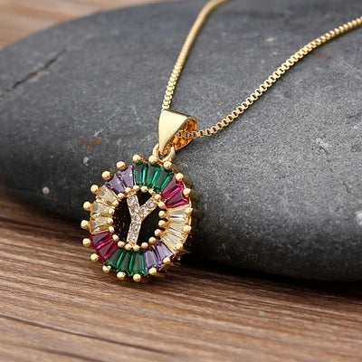Gold Color Initial Multicolor CZ Necklace Charm Letter Necklace Name Jewelry for Women Accessories Girlfriend