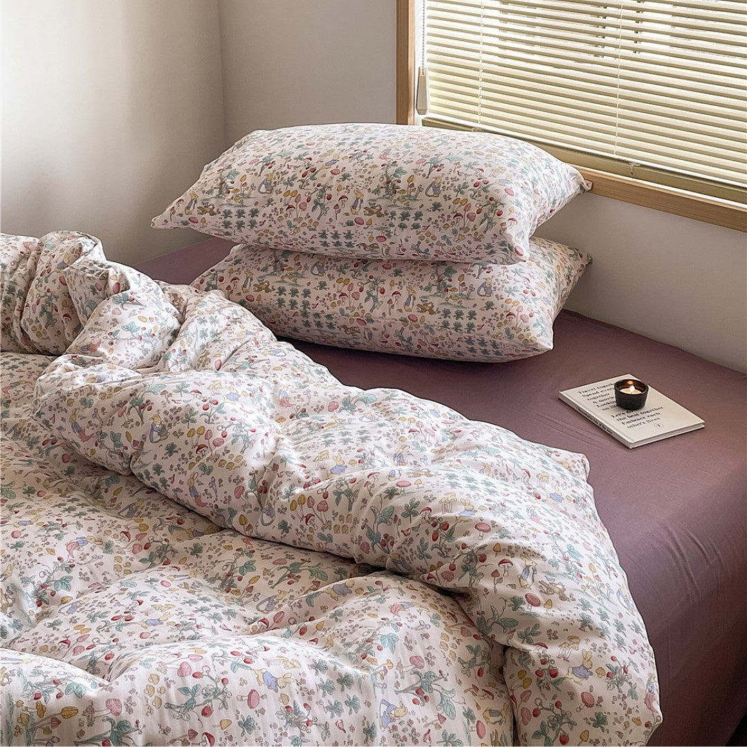 Double Layer Cotton Bedding Set Infant Class Softness Floral Design Duvet Cover Bed Sheet Pillowcases 4 Pieces Bedding Set