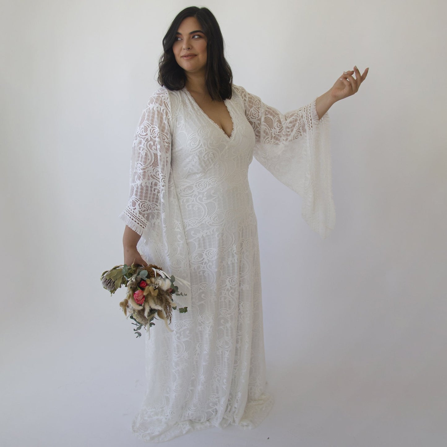 Curvy Lace Ivory Bridal Kaftan With Fringe ,Bat Sleeves Lace Wedding Dress #1328