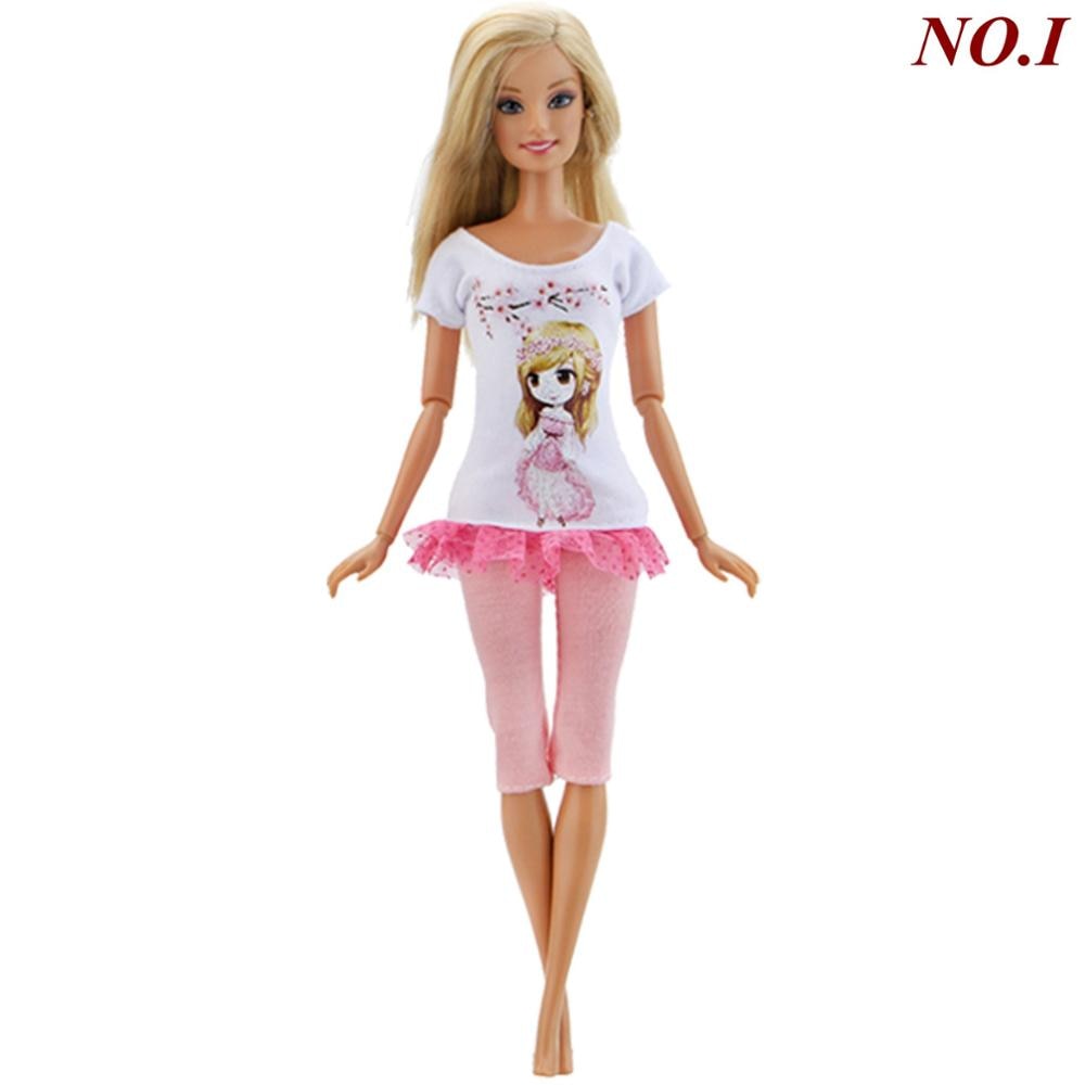 1 PCS Handmade Fashion Outfit Short Dress Cartoon Cute Pattern T-Shirt Pants Trousers Accessories Clothes for Barbie Doll Toys