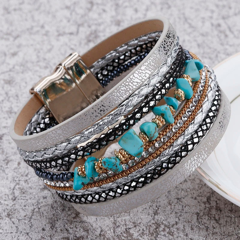 ALLYES Natural Stone Leather Bracelets for Women Luxury Brand Femme Boho Style Wide Multilayer Wrap Bracelet Female Jewelry