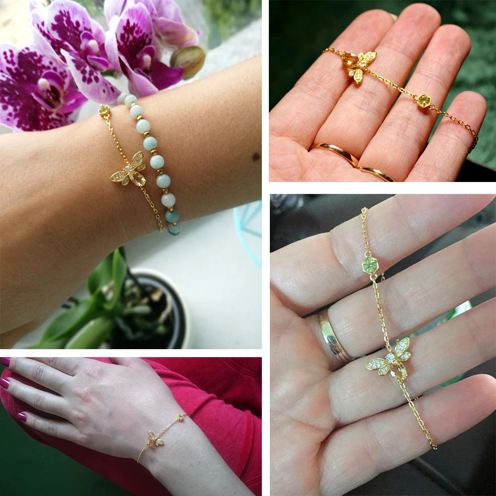 LAMOON Bee Bracelet for Woman Citrine Gemstones Bracelets 925 Sterling Silve 14K Gold Plated Designer Jewelry for Lover LMHI002