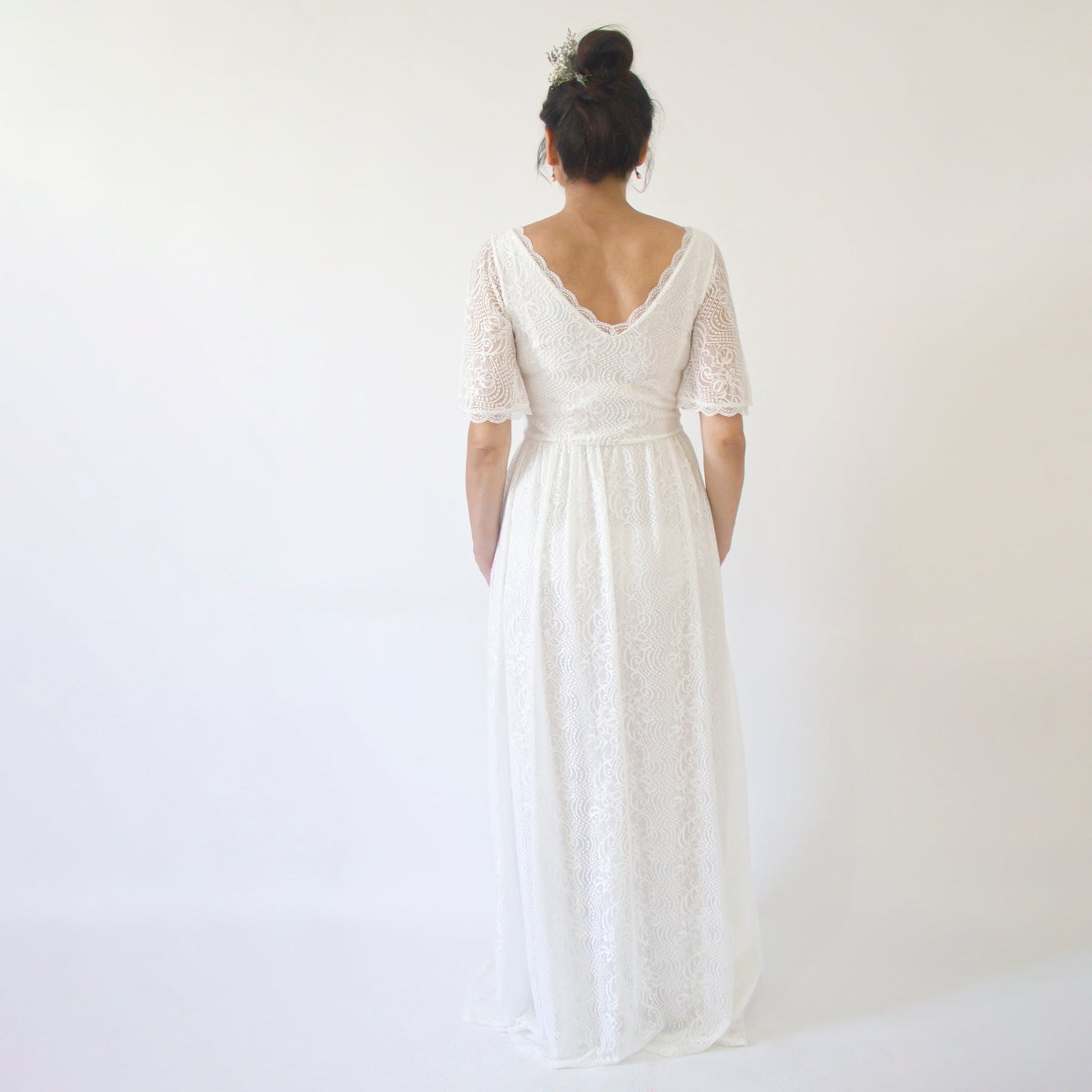 Maternity Butterfly Sleeves Bohemian Lace Ivory Wedding Dress #7017