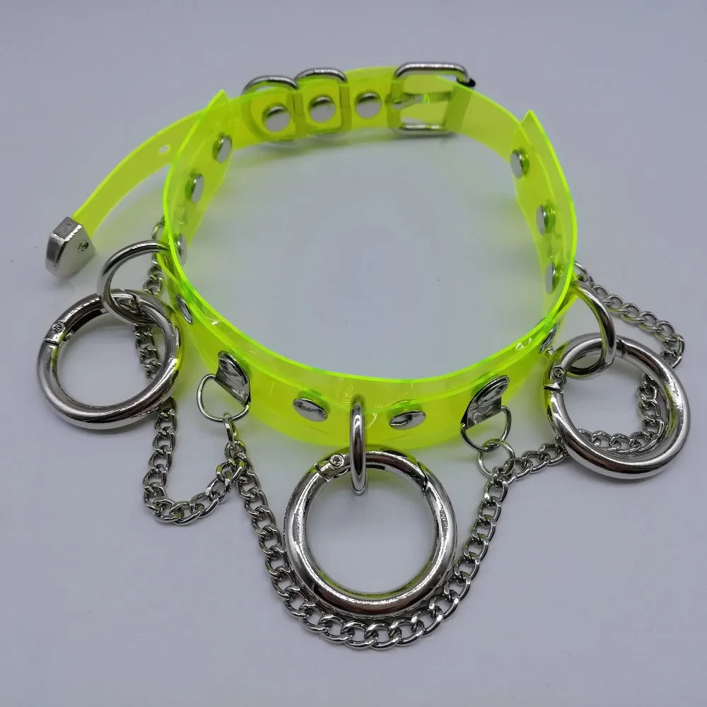 Women Fashion Punk Choker Necklace Handmade Neon Green Neon Pink Three O Chain Necklace Harajuku Collar Belt