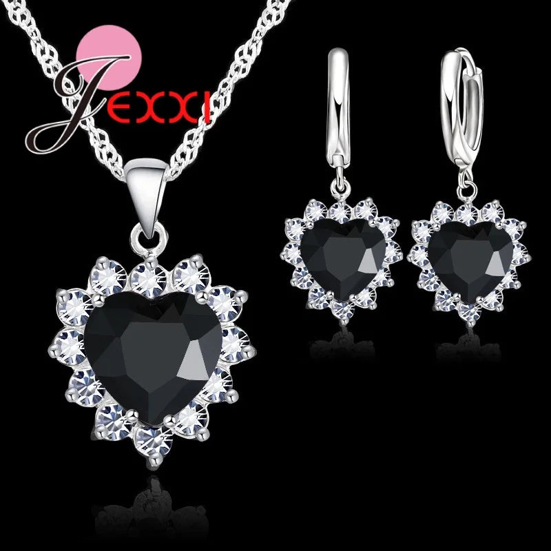 Fashion Heart Shaped Crystal Pendant 925 Sterling Silver Necklace Loop Earring Wedding Jewelry Sets Blue Zircon Accessory